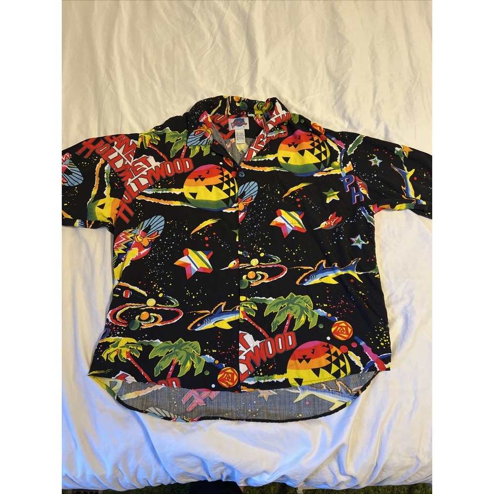 Planet Hollywood Hawaiian Shirt Mens XL Black Rayon Logo Print Button Up